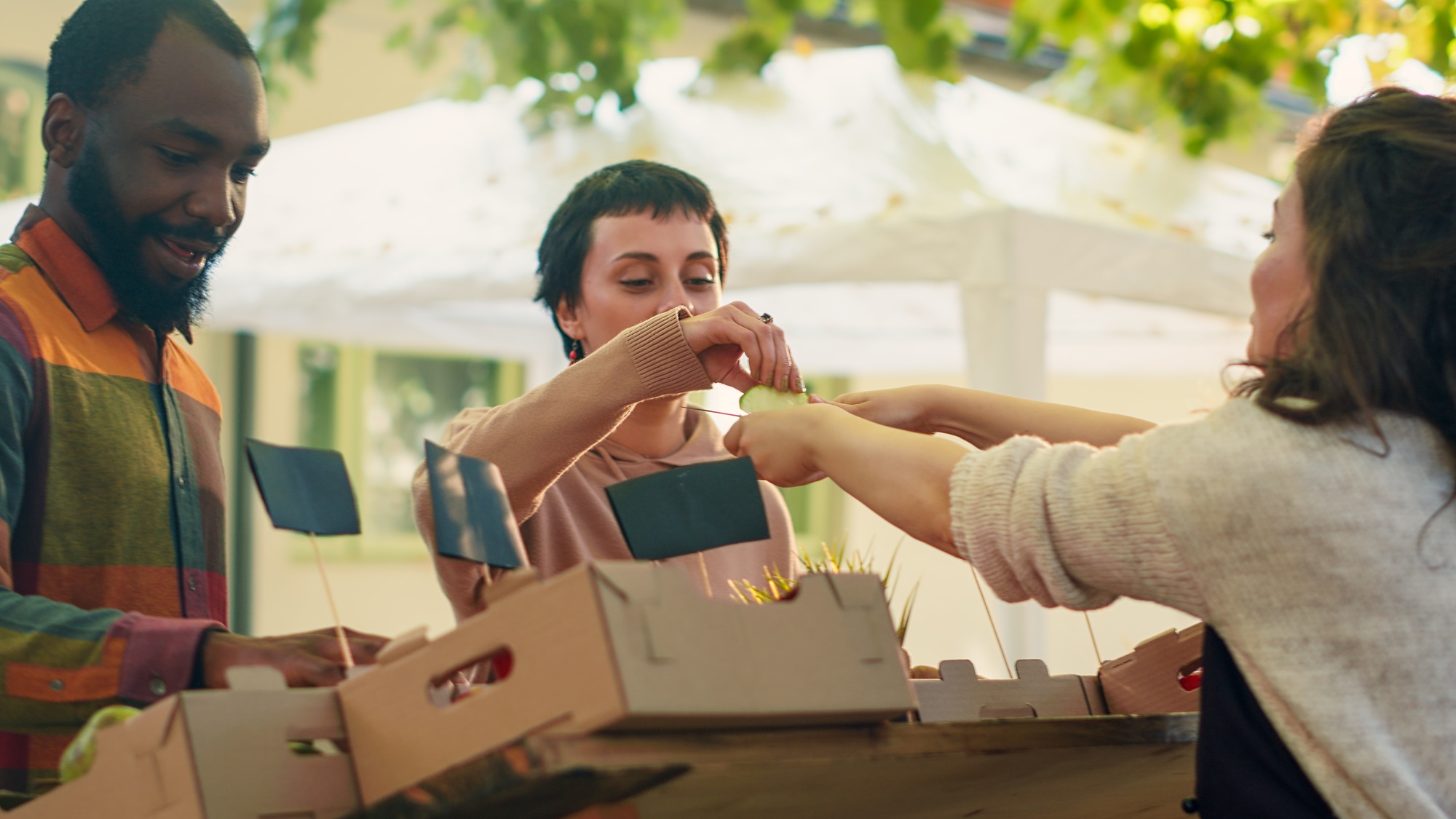 Female farmer giving free slices of apples for clients to taste