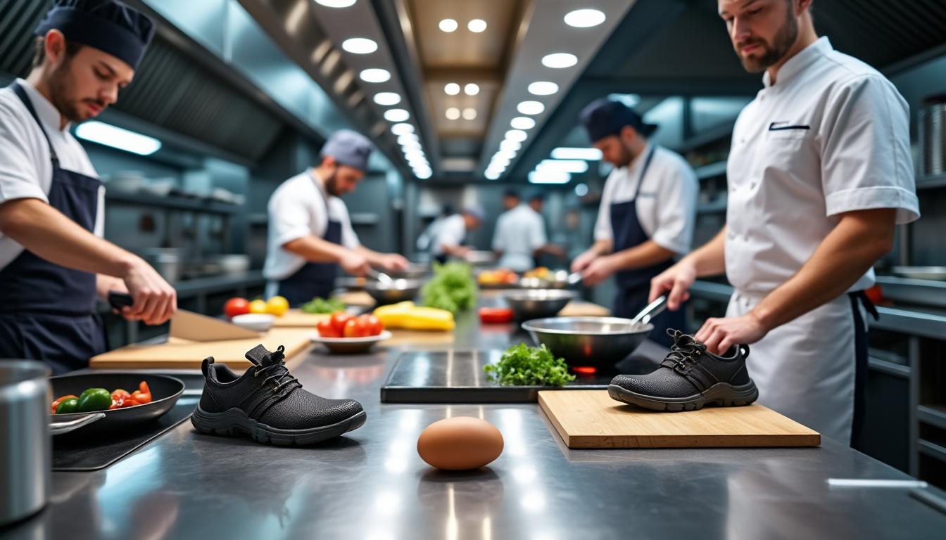 investir dans des chaussures de sécurité homme pour la cuisine garantit protection antidérapante, confort et conformité aux normes d’hygiène et de sécurité.