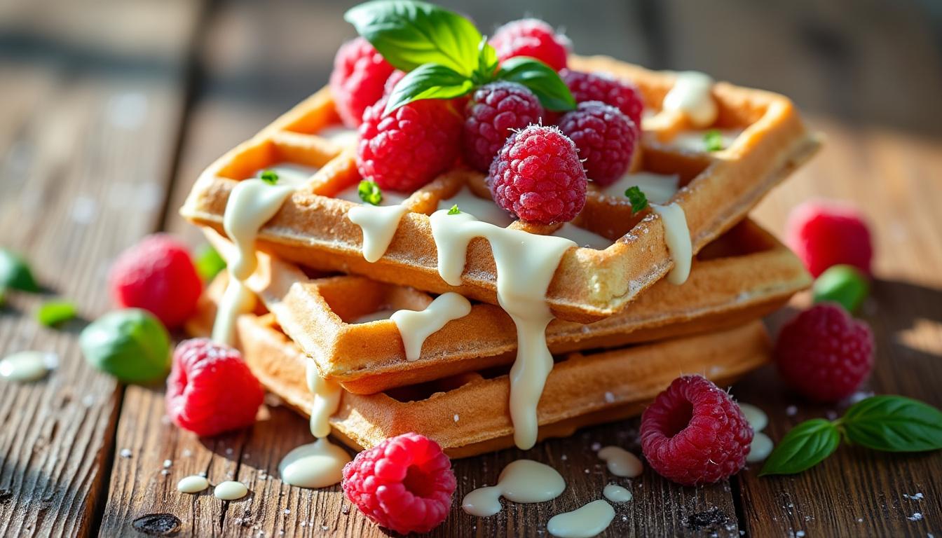 découvrez notre recette originale de gaufres au chocolat blanc, framboise et basilic : une combinaison gourmande et raffinée pour surprendre vos papilles lors du petit-déjeuner ou du dessert.