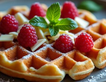 découvrez notre recette gourmande de gaufres au chocolat blanc, agrémentées de framboises fraîches et de basilic. une alliance surprenante pour un dessert original, parfumé et plein de fraîcheur.
