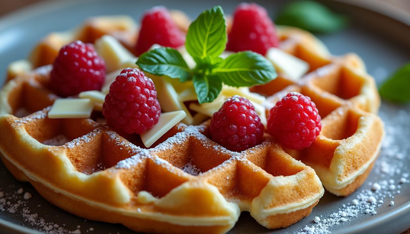 découvrez notre recette gourmande de gaufres au chocolat blanc, agrémentées de framboises fraîches et de basilic. une alliance surprenante pour un dessert original, parfumé et plein de fraîcheur.