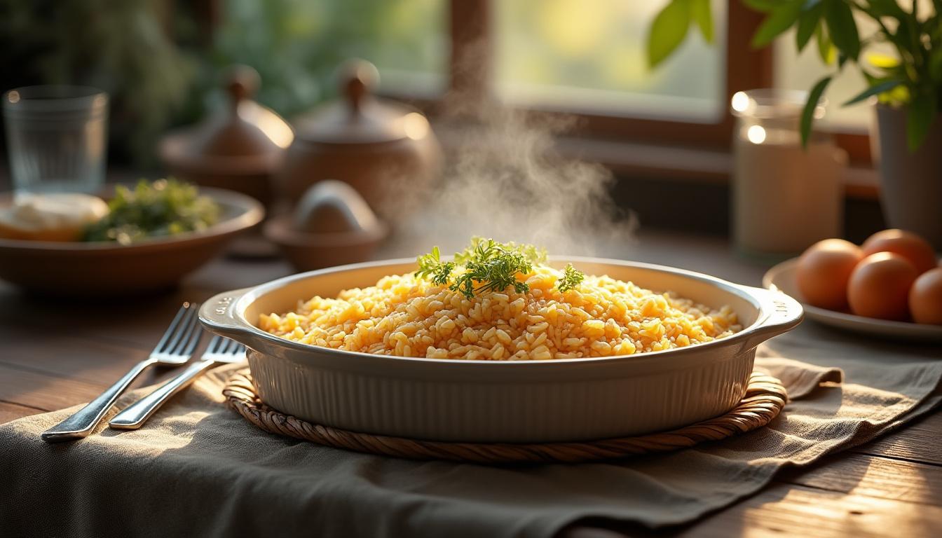 découvrez la recette réconfortante du riz au four de cyril lignac, un plat savoureux et facile à préparer pour vos repas en famille.