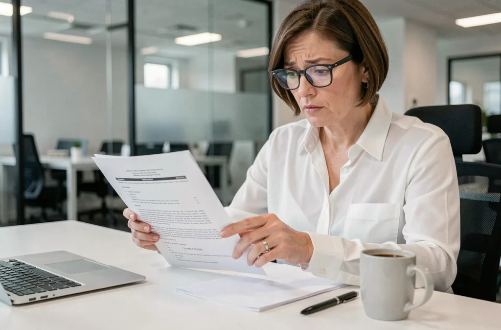 Femme d'affaires analysant les clauses d'un contrat de garantie et de service après-vente pour un équipement de restauration