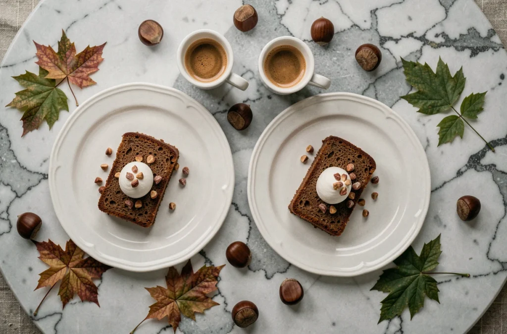 Deux assiettes élégantes de gâteau au marron sans gluten avec crème fouettée et marrons glacés sur table en marbre