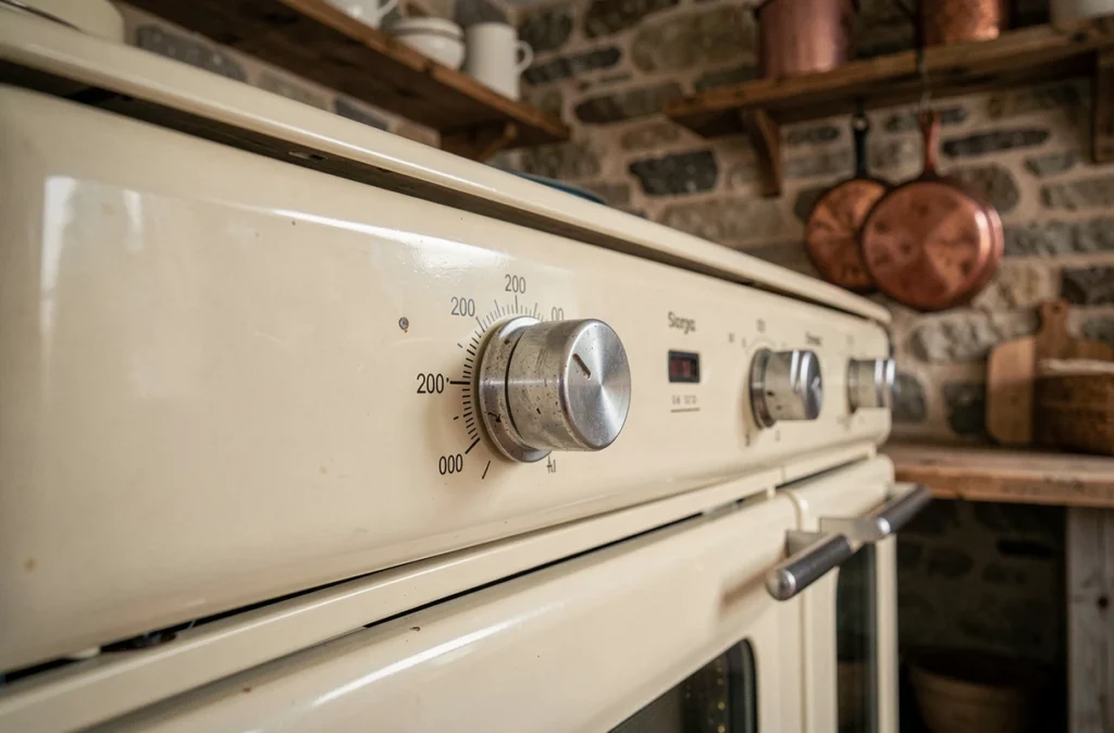 Gros plan sur le bouton thermostat d'un four réglé à 200 degrés avec graduation visible