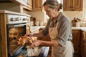 Femme utilisant la chaleur statique d'un four traditionnel pour rôtir un poulet doré dans une cuisine française classique