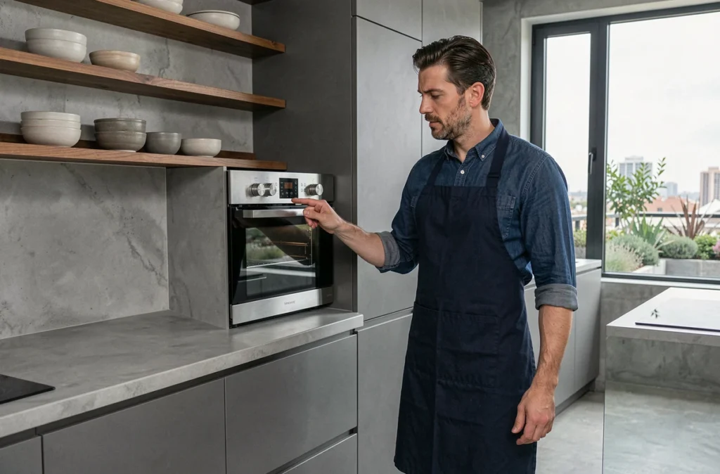 Chef comparant un four à chaleur statique traditionnel et un four à convection moderne dans une cuisine contemporaine