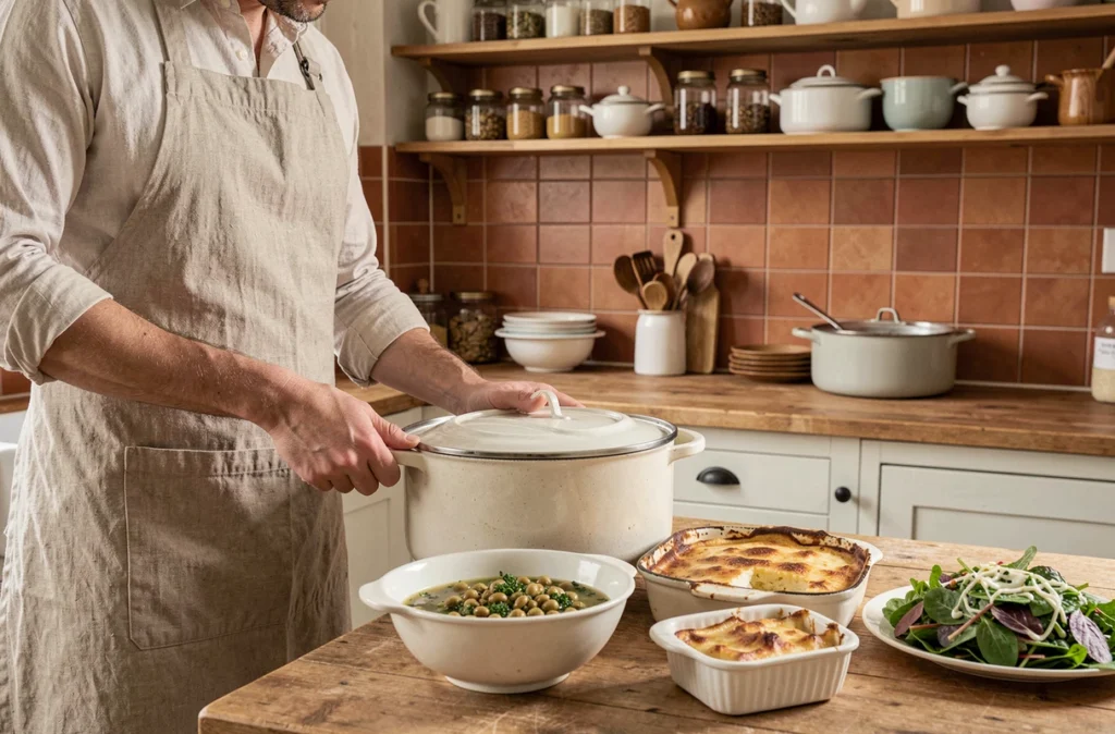 Cuisinière posant une cocotte d'agneau sur un comptoir avec garnitures de flageolets et gratin dauphinois