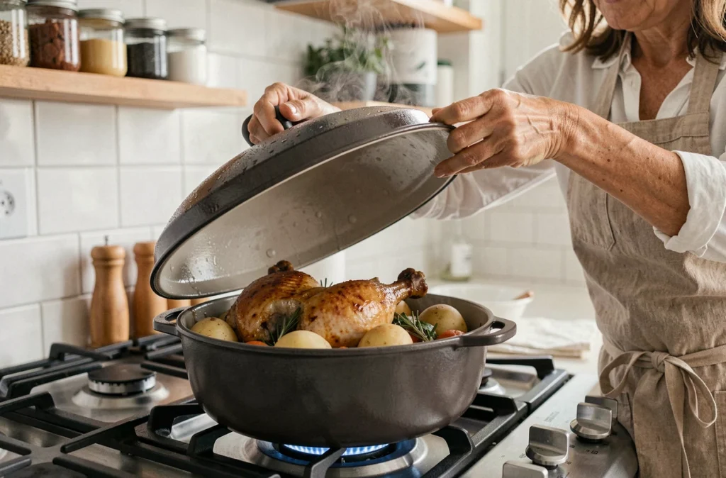 Cuisinière soulevant le couvercle d'une cocotte émaillée révélant des cuisses de canard mijotées avec pommes de terre dans une cuisine domestique moderne
