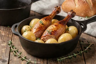 Cuisses de canard dorées mijotées en cocotte en fonte avec pommes de terre fondantes et thym frais sur table en chêne rustique