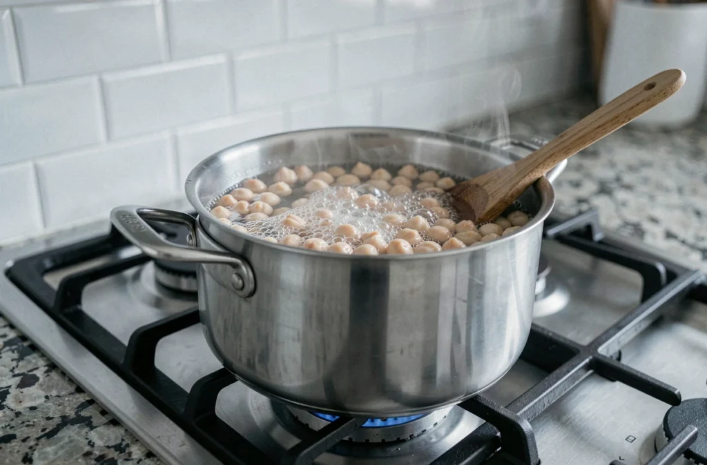 Pois chiches en train de cuire dans une casserole en inox sur un feu de gaz avec une cuillère en bois