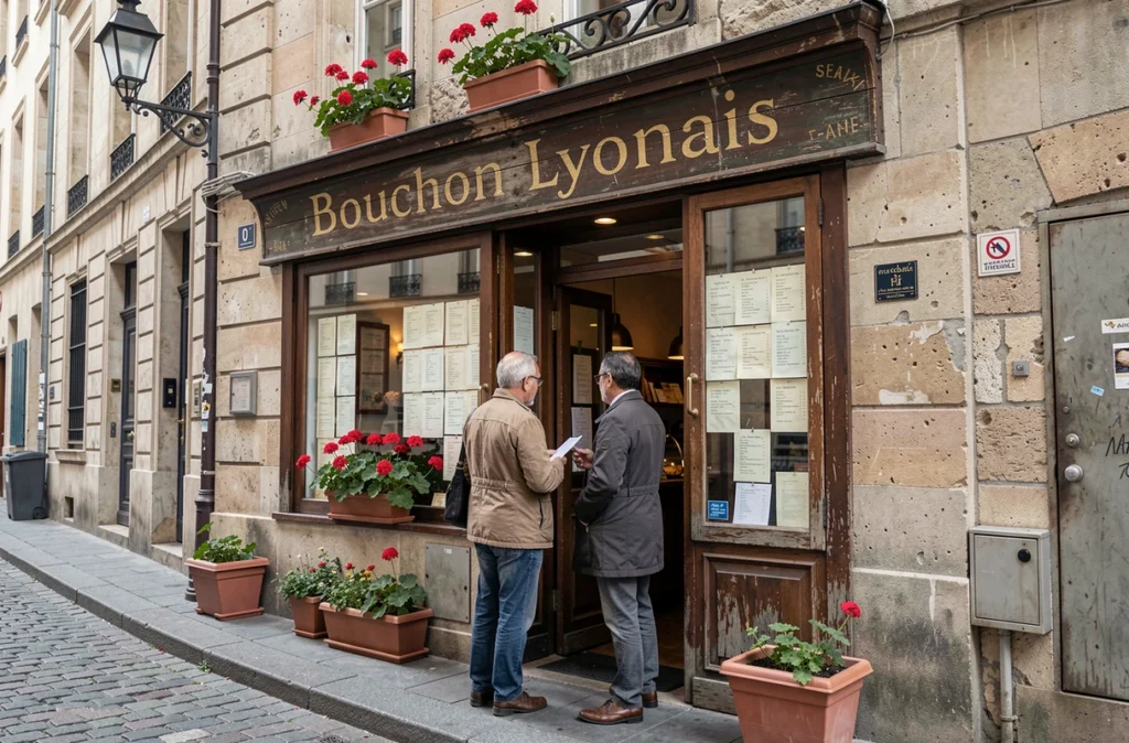 Façade extérieure d'un bouchon lyonnais authentique en vieilles pierres avec enseigne dorée et menu affiché dans une rue pavée du Presqu'île