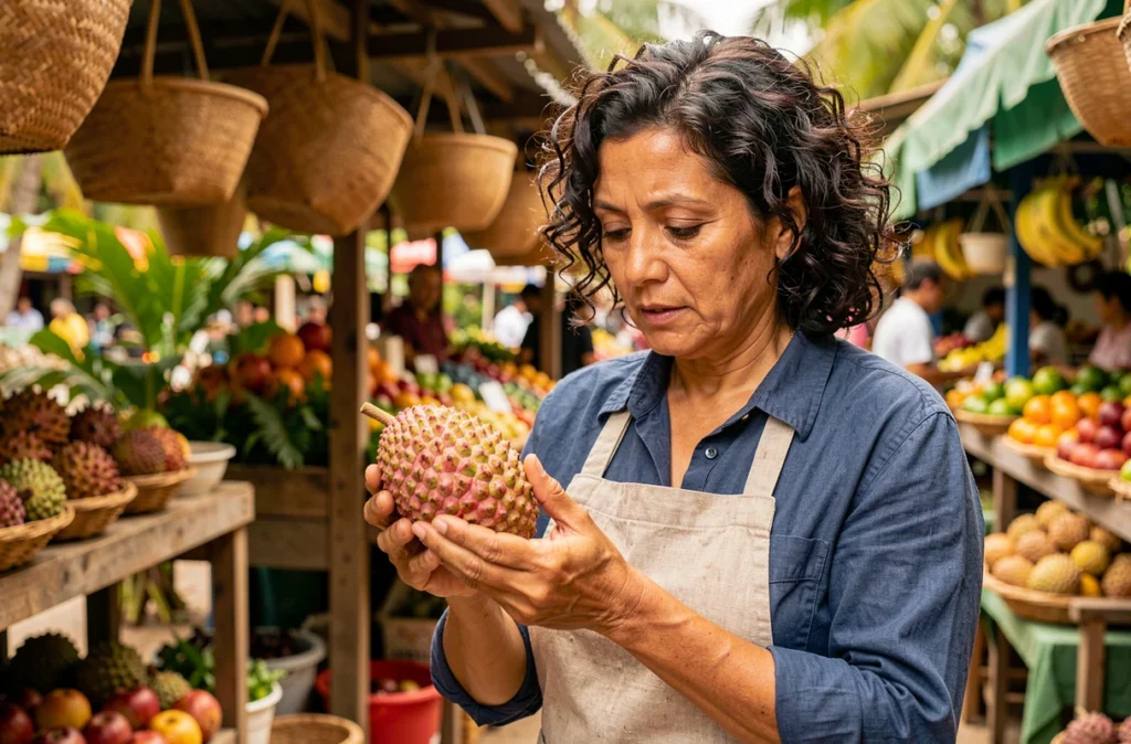 Femme tenant un fruit ilama dans un marché tropical, fruits rares commençant par I