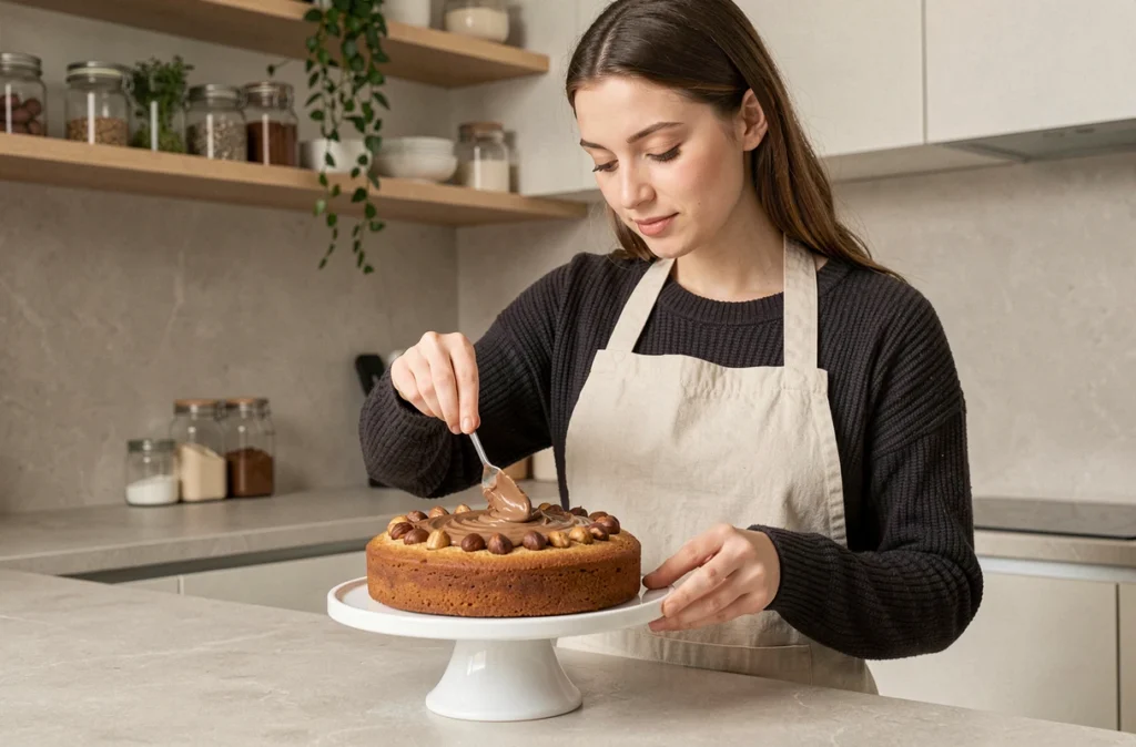 Femme préparant un gâteau au marron sans gluten en étalant de la crème de marrons dans une cuisine moderne