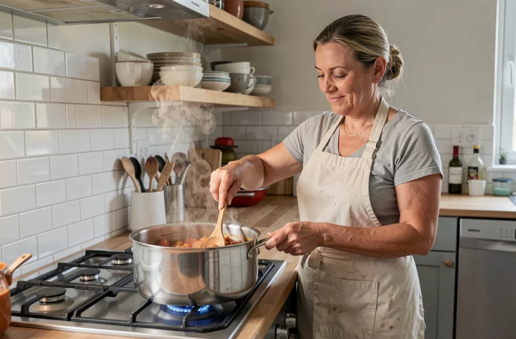Femme préparant une potée économique sur une cuisinière dans une cuisine familiale moderne