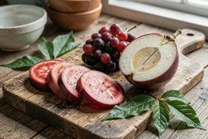 Fruits commençant par la lettre I : igname, iteberry et icaco sur une planche en bois rustique