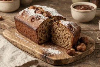 Gâteau au marron sans gluten tranché sur une planche en bois rustique avec crème de marrons et sucre glace