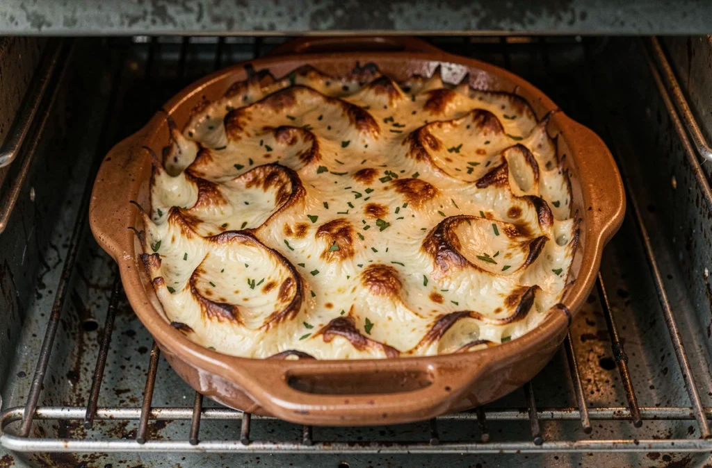 Gratin dauphinois doré et fondant cuit en chaleur statique dans un four traditionnel en céramique rustique