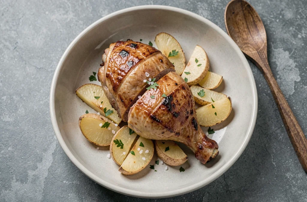 Gros plan en vue du dessus d'une cuisse de canard confite croustillante servie avec des pommes de terre fondantes dans un bol en céramique