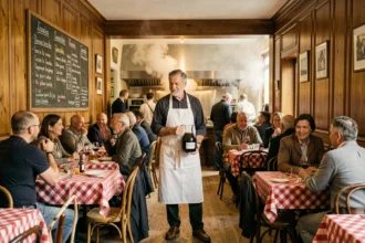 Intérieur authentique d'un bouchon lyonnais avec ardoise de menu, nappes à carreaux et serveur en tablier blanc portant une carafe de Beaujolais