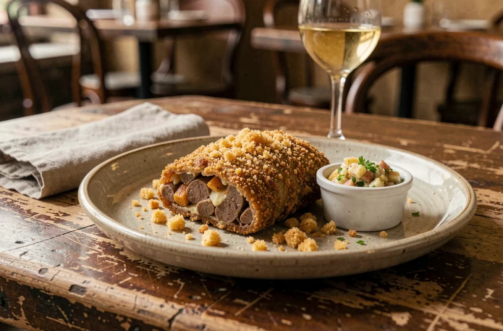 Tablier de sapeur croustillant servi dans un vrai bouchon lyonnais avec sauce gribiche maison et verre de vin blanc