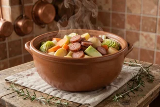Potée paysanne rustique dans une cocotte en céramique sur une table en bois, recette économique et familiale