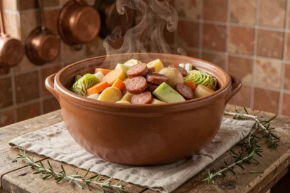 Potée paysanne rustique dans une cocotte en céramique sur une table en bois, recette économique et familiale