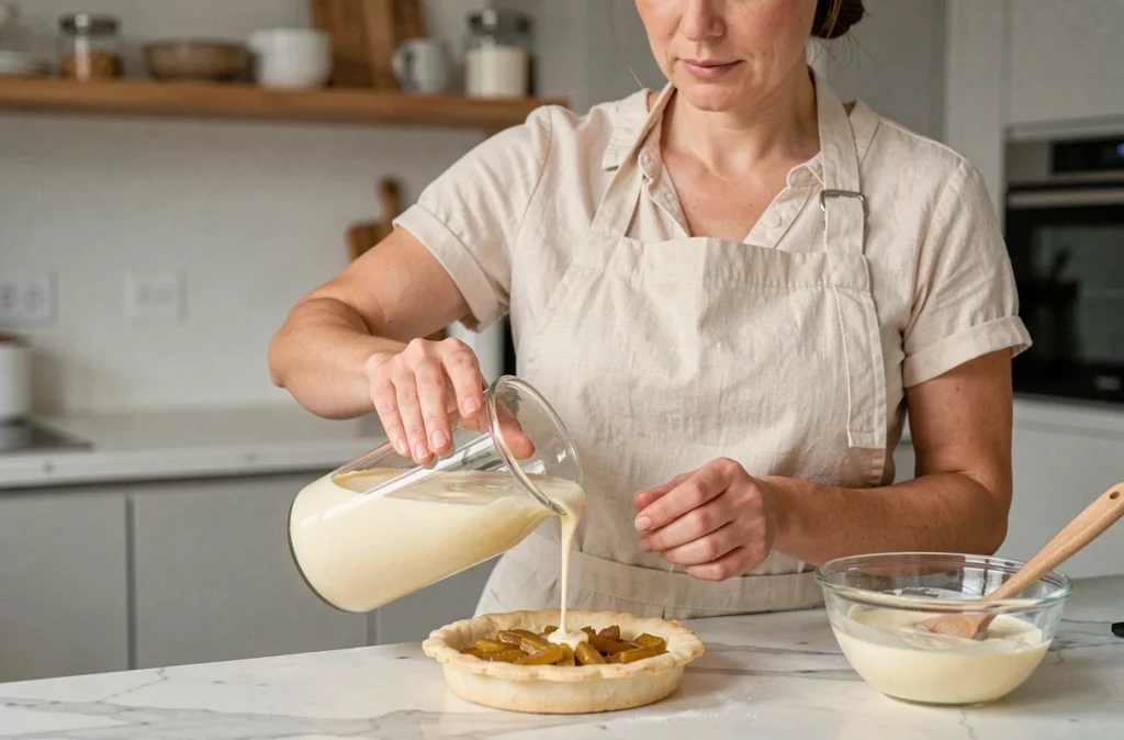 Femme versant la migaine crémeuse dans le fond de tarte pour préparer une quiche lorraine maison