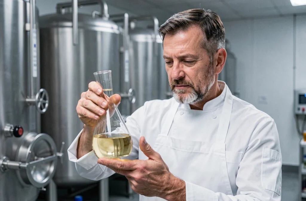 Producteur de vinaigre halal inspectant un flacon de vinaigre d'alcool dans une installation de fermentation professionnelle
