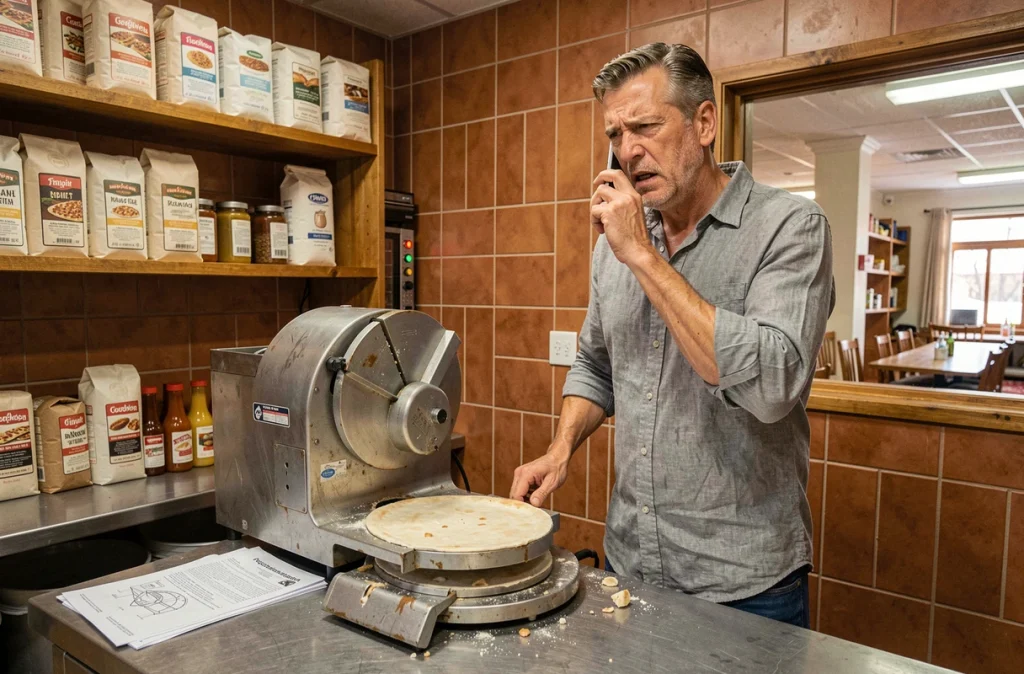 Propriétaire de pizzeria contactant le service après-vente suite à une panne de matériel, illustrant les enjeux des garanties contractuelles