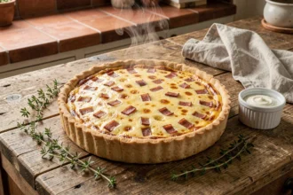 Quiche lorraine crémeuse dorée dans un moule à tarte posé sur une table en bois rustique avec thym frais et crème fraîche