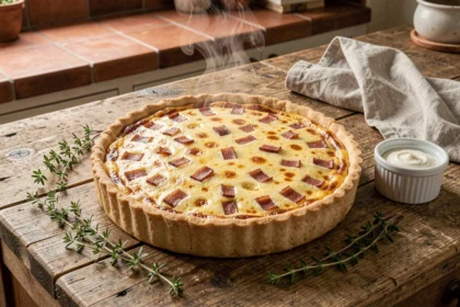 Quiche lorraine crémeuse dorée dans un moule à tarte posé sur une table en bois rustique avec thym frais et crème fraîche