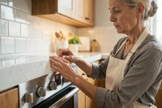 Femme réglant le thermostat de son four domestique à 200 degrés dans une cuisine moderne