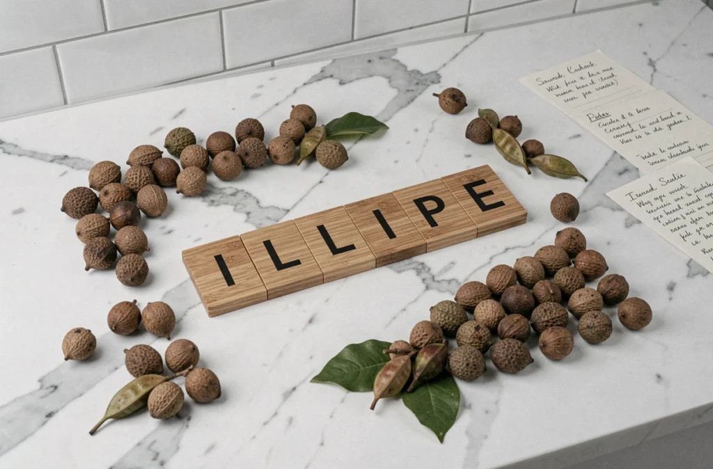 Tuiles de lettres Scrabble épelant ILLIPE entourées de fruits et noix rares commençant par I sur marbre blanc