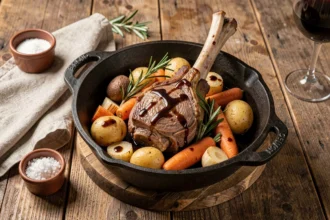 Souris d'agneau à la cocotte entourée de légumes racines rôtis sur une table en bois rustique