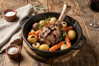 Souris d'agneau à la cocotte entourée de légumes racines rôtis sur une table en bois rustique