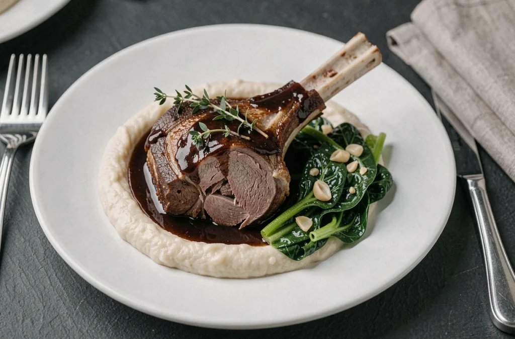 Assiette de souris d'agneau sur purée de haricots blancs avec blettes sautées et sauce réduite