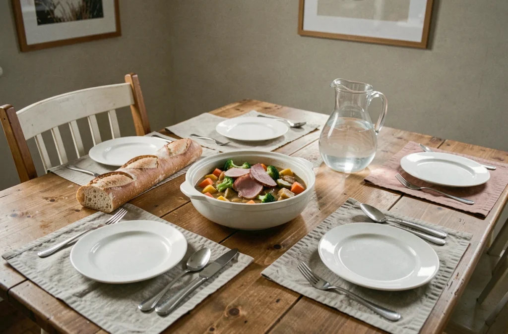Table familiale avec une potée complète servie dans un plat central, repas économique et convivial en famille
