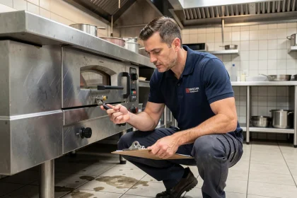 Technicien inspectant un four à pizza professionnel lors d'une intervention de maintenance SAV en cuisine commerciale