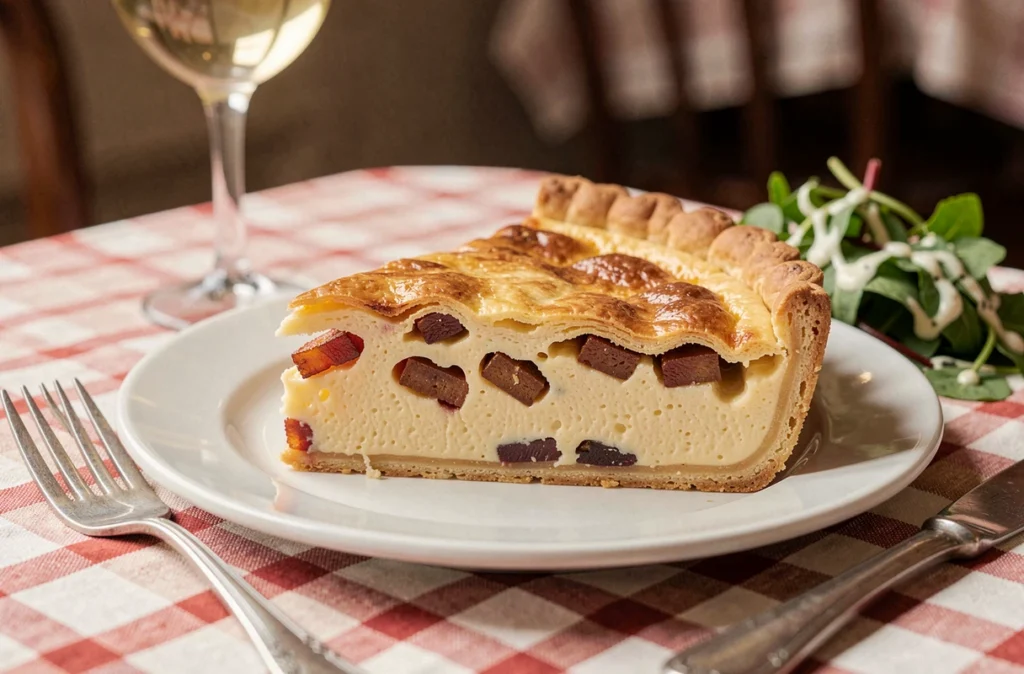Tranche de quiche lorraine crémeuse servie sur assiette blanche avec salade verte dans un bistro français