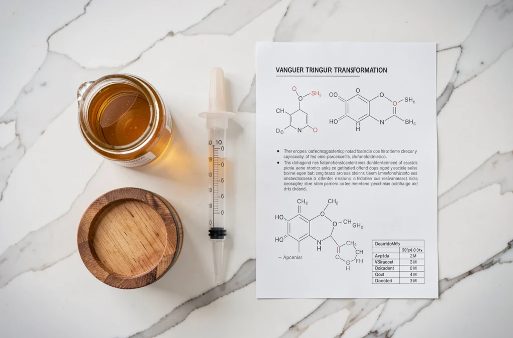 Vue à plat des étapes de transformation du vinaigre d'alcool avec flacon, tonneau et notes scientifiques sur marbre blanc
