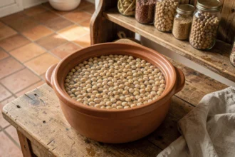 Pois chiches secs en train de tremper dans une casserole en céramique sur une table de cuisine rustique en bois