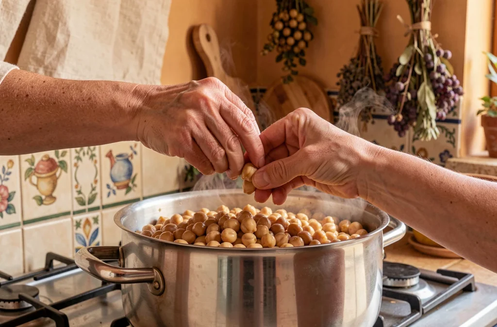 Femme vérifiant la cuisson des pois chiches en les pressant entre ses doigts au-dessus d'une casserole fumante