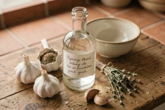 Bouteille de vinaigre d'alcool artisanal sur un comptoir en bois rustique entourée d'herbes et d'ail