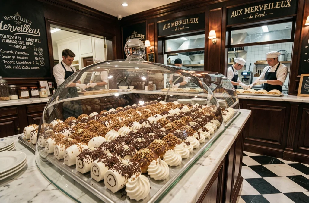 Présentoir des Merveilleux de Fred à Bordeaux avec meringues recouvertes de chantilly et copeaux de chocolat sous dôme en verre