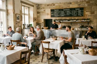 Intérieur d'un bistrot traditionnel en Auvergne-Rhône-Alpes avec comptoir en zinc, tables en bois et ardoise de spécialités régionales