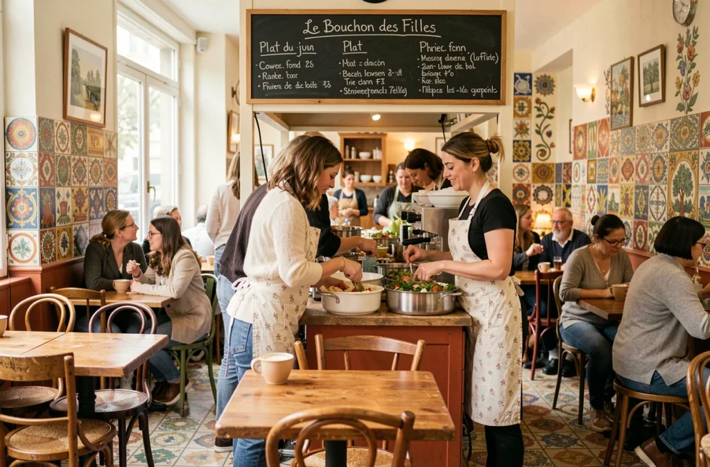 Intérieur du Bouchon des Filles à Lyon avec deux cuisinières en tablier préparant la salade lyonnaise derrière un comptoir ouvert