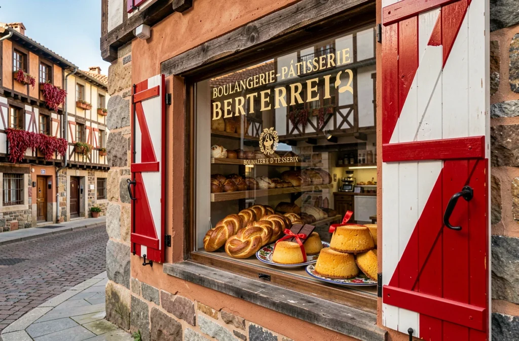 Devanture de la Boulangerie-Pâtisserie Berterreix à Espelette avec gâteaux basques et chocolats au piment d'Espelette en vitrine
