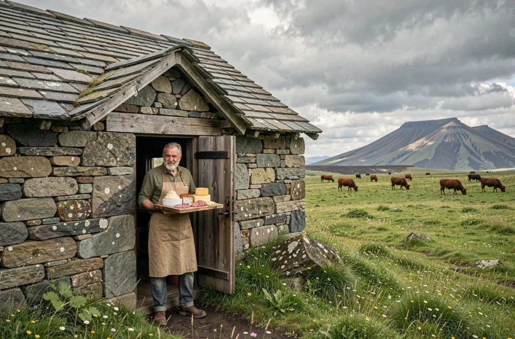 Le Buron de Bâne dans le Cantal, cuisinier en tablier devant la porte d'un buron en pierre avec plateau de fromages et aligot, troupeau de Salers en arrière-plan