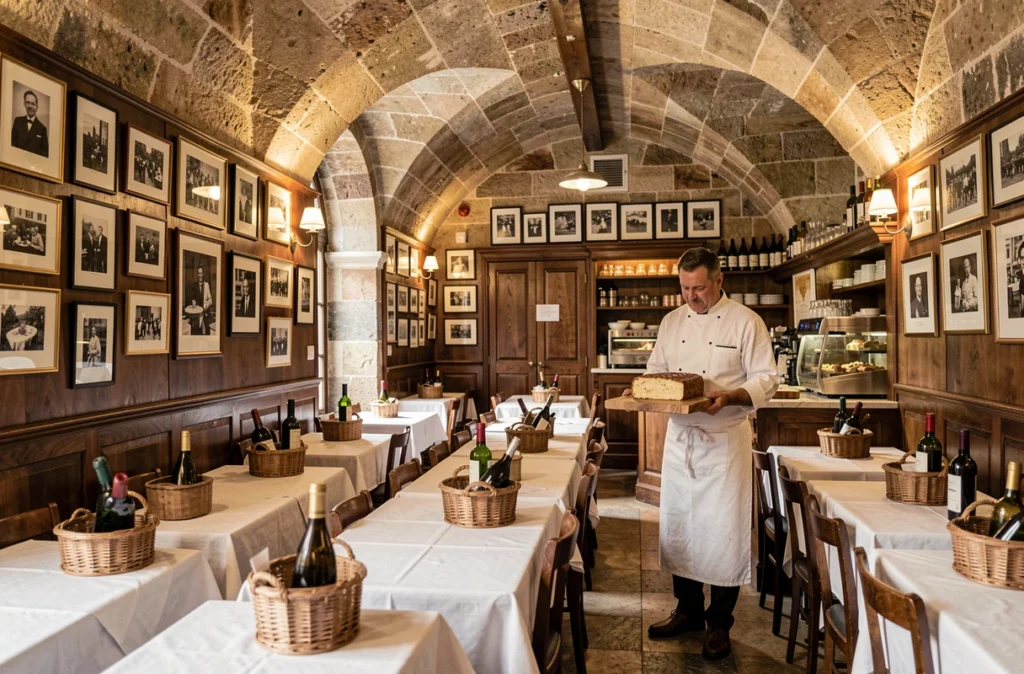 Intérieur historique du Café Comptoir Abel à Lyon avec voûtes en pierre, boiseries sombres et chef portant une terrine